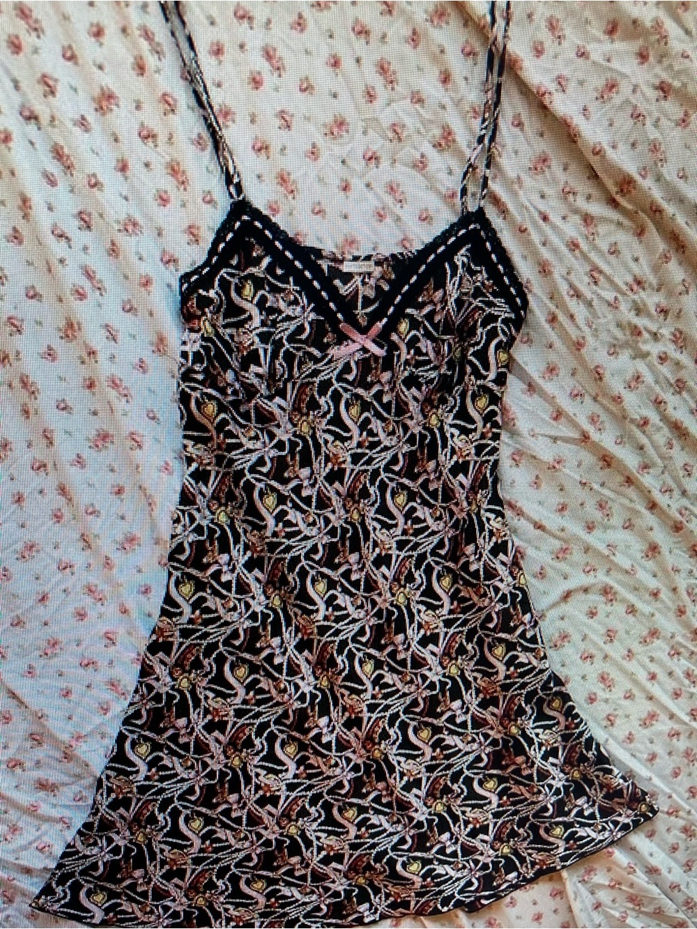 Black Floral-Print Lace-Trim Slip Chemise with Pink Accents